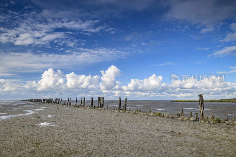 在荷兰北部的瓦登海自然保护区“de Wadden”中，古老的土地开垦柱在空旷的景观中排成一排